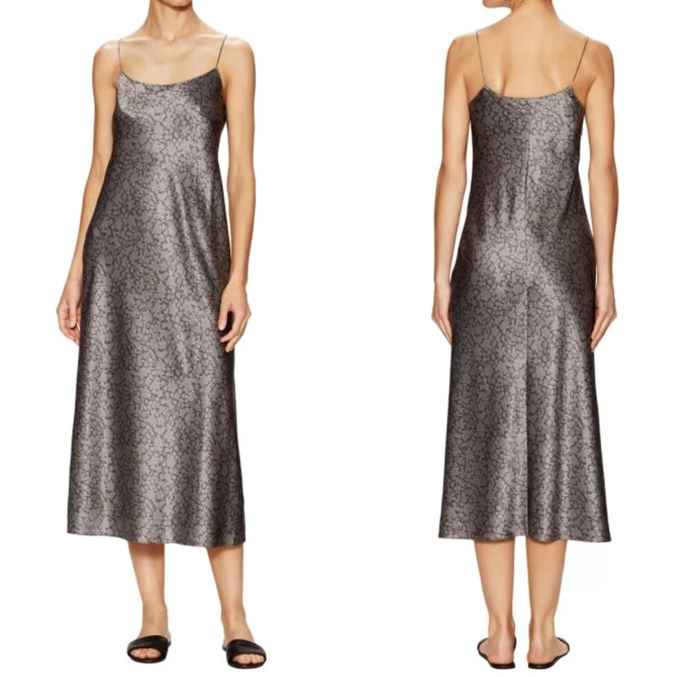 Vince Womens Size Medium Gray Floral Satin Silk Slip Midi Dress NWT